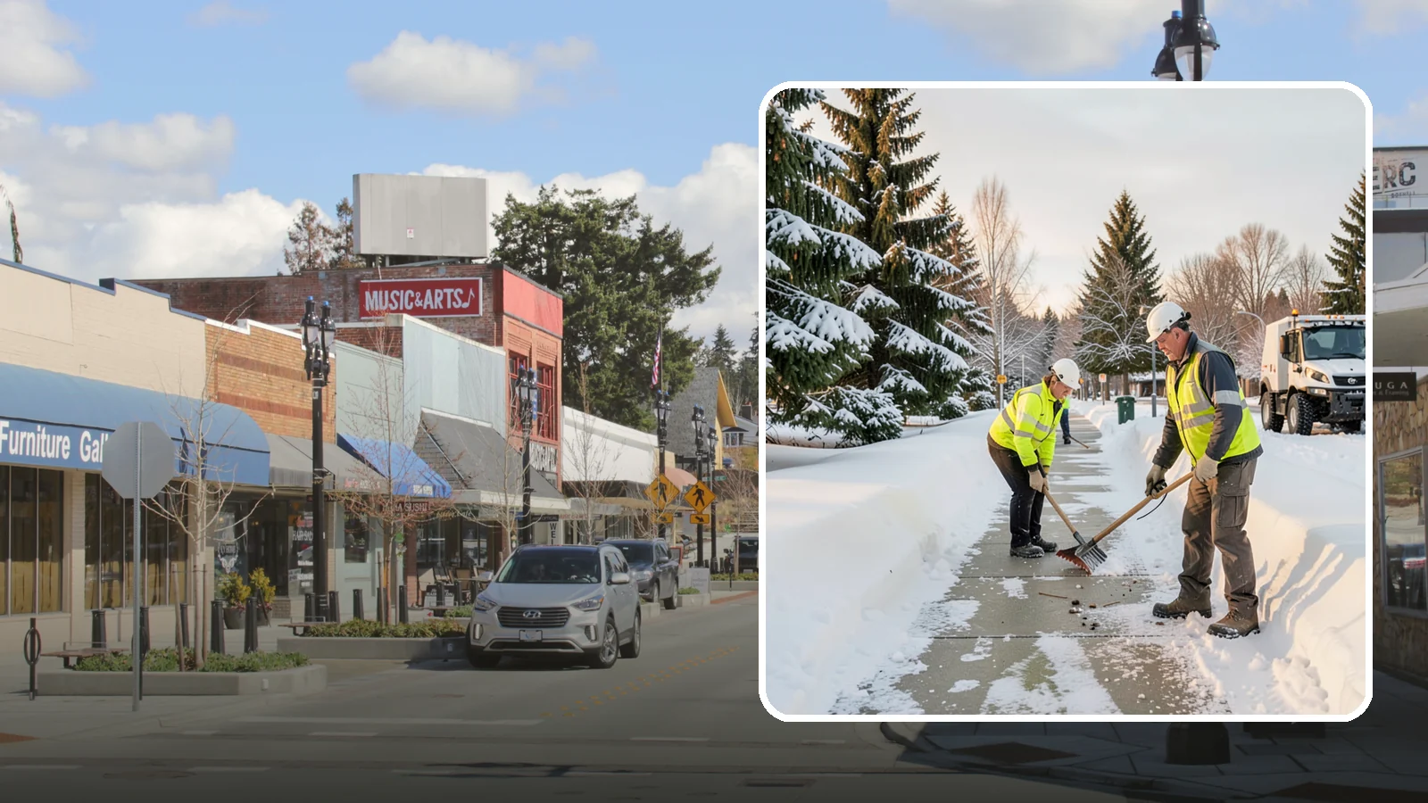 Bank Sidewalk Clearing in Bothell, King County, WA - Branch-entrance sidewalk clearing for Western Washington banks, keeping lobby approaches and ATM vestibule walks safe for...