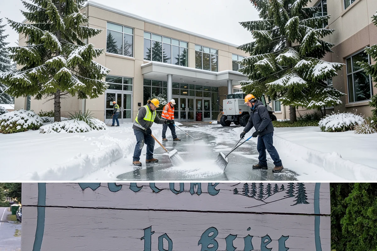 Bank Sidewalk Clearing in Brier, Snohomish County, WA - Bank sidewalk risk peaks from December through February, when frost glazes smooth branch entrances before customers arrive.