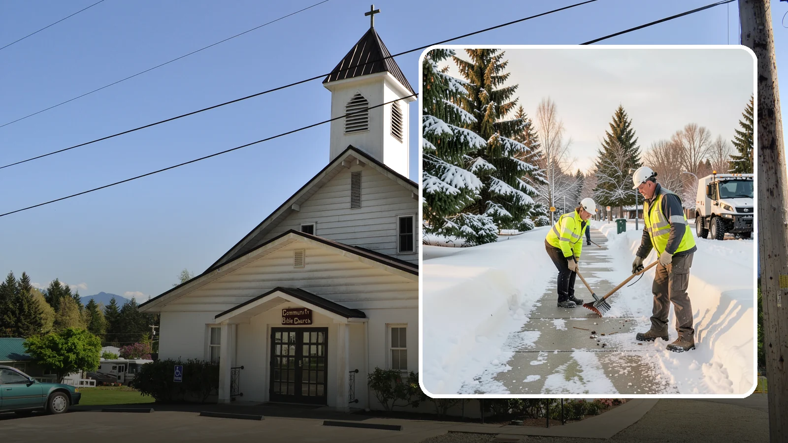 Bank Sidewalk Clearing in Concrete, Skagit County, WA - Branch-entrance sidewalk clearing for Western Washington banks, keeping lobby approaches and ATM vestibule walks safe for...