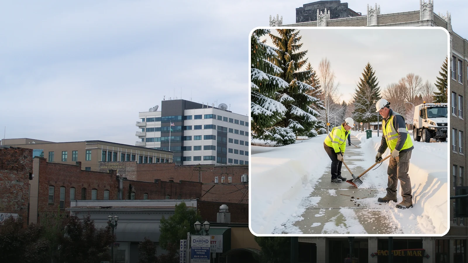 Bank Sidewalk Clearing in Everett, Snohomish County, WA - Branch-entrance sidewalk clearing for Western Washington banks, keeping lobby approaches and ATM vestibule walks safe for...