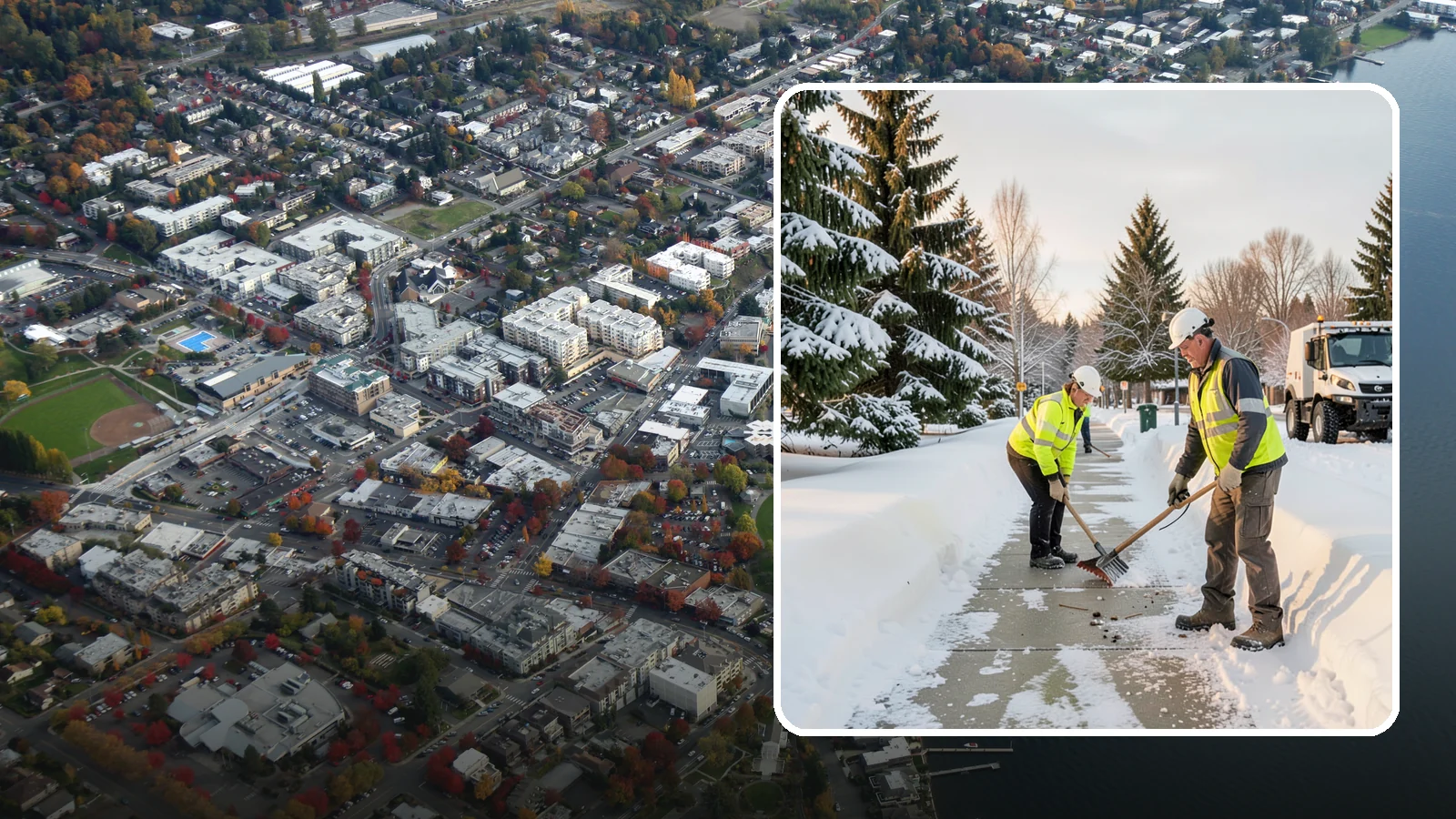 Bank Sidewalk Clearing in Kirkland, King County, WA - Branch-entrance sidewalk clearing for Western Washington banks, keeping lobby approaches and ATM vestibule walks safe for...