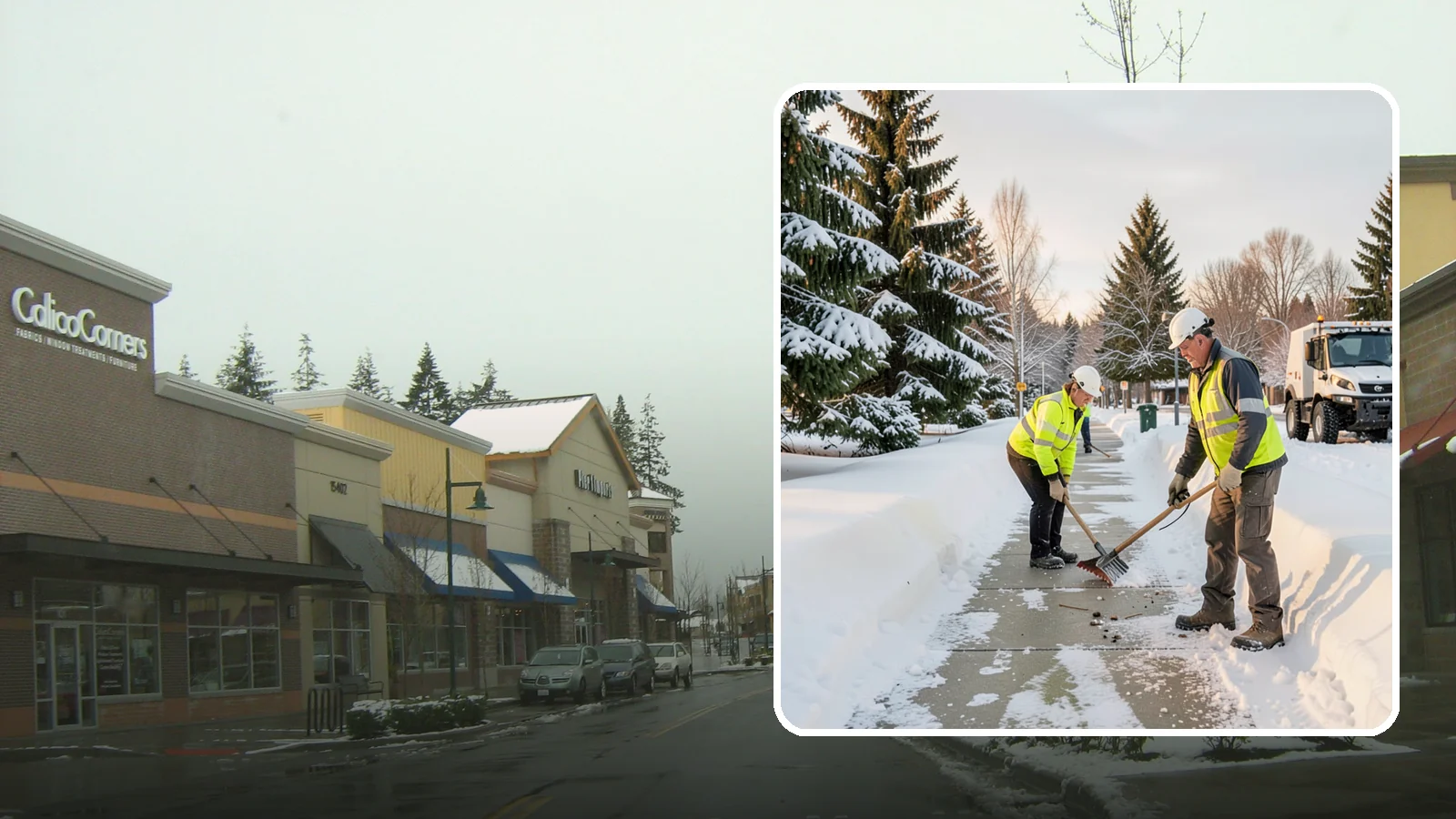 Bank Sidewalk Clearing in Mill Creek, Snohomish County, WA - Branch-entrance sidewalk clearing for Western Washington banks, keeping lobby approaches and ATM vestibule walks safe for...