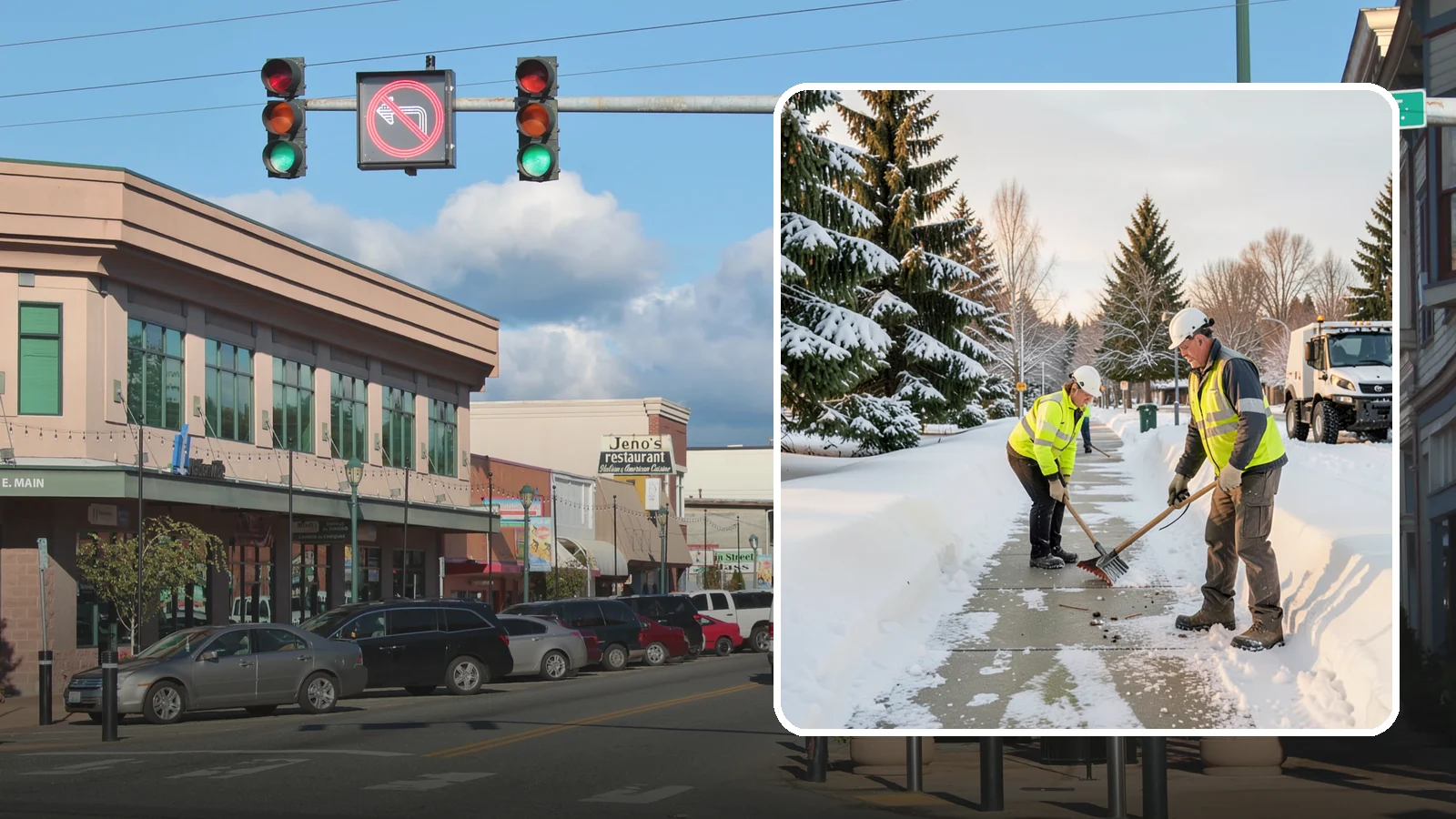 Bank Sidewalk Clearing in Monroe, Snohomish County, WA - Branch-entrance sidewalk clearing for Western Washington banks, keeping lobby approaches and ATM vestibule walks safe for...