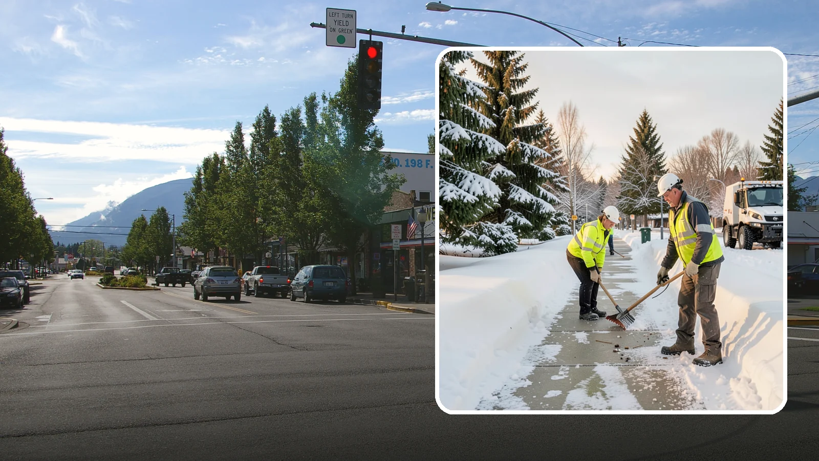 Bank Sidewalk Clearing in North Bend, King County, WA - Branch-entrance sidewalk clearing for Western Washington banks, keeping lobby approaches and ATM vestibule walks safe for...