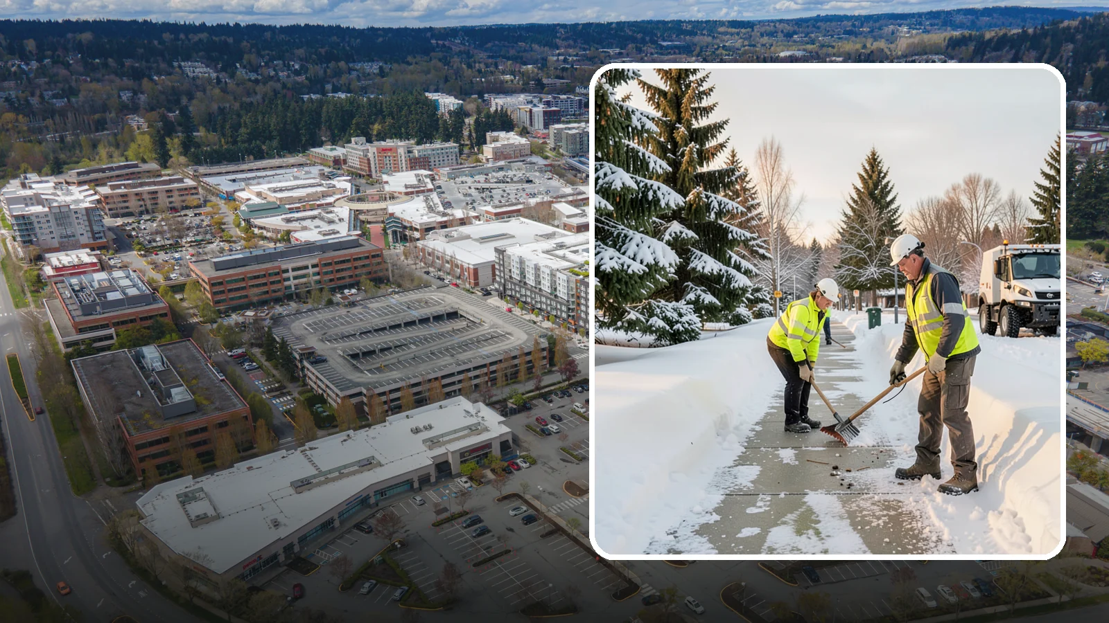 Bank Sidewalk Clearing in Redmond, King County, WA - Branch-entrance sidewalk clearing for Western Washington banks, keeping lobby approaches and ATM vestibule walks safe for...