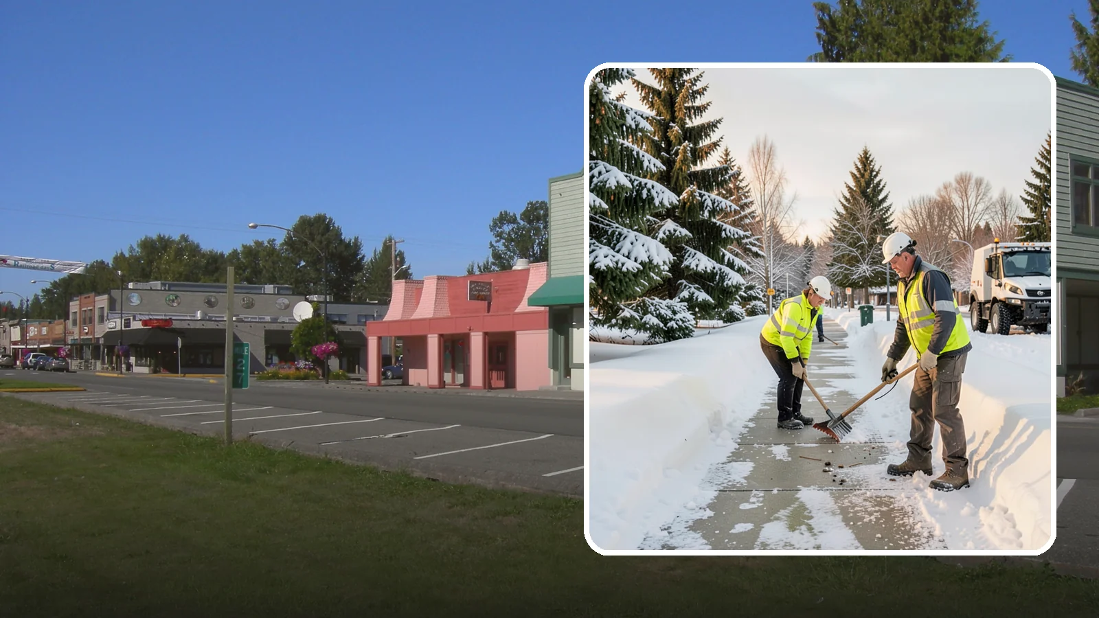 Bank Sidewalk Clearing in Snoqualmie, King County, WA - Branch-entrance sidewalk clearing for Western Washington banks, keeping lobby approaches and ATM vestibule walks safe for...