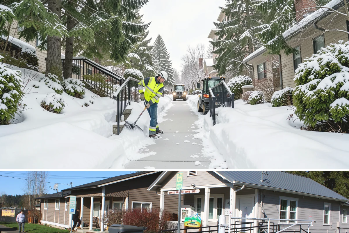 Bank Sidewalk Clearing in South Prairie, Pierce County, WA - Bank sidewalk risk peaks from December through February, when frost glazes smooth branch entrances before customers arrive.