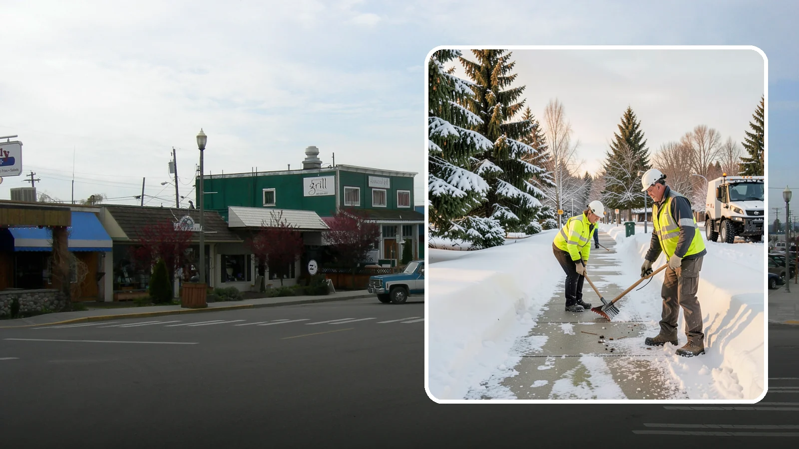 Bank Sidewalk Clearing in Stanwood, Snohomish County, WA - Branch-entrance sidewalk clearing for Western Washington banks, keeping lobby approaches and ATM vestibule walks safe for...