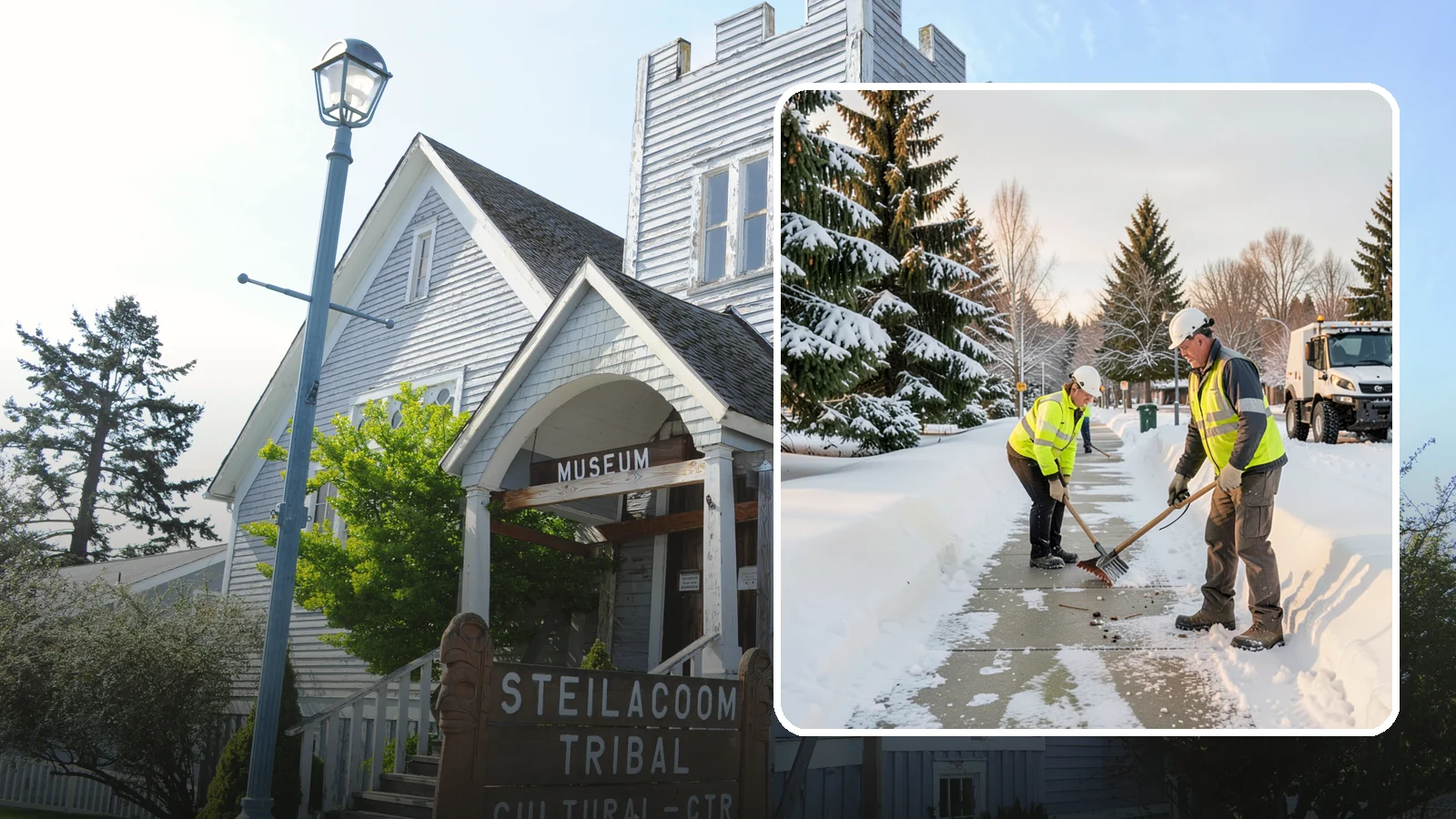 Bank Sidewalk Clearing in Steilacoom, Pierce County, WA - Branch-entrance sidewalk clearing for Western Washington banks, keeping lobby approaches and ATM vestibule walks safe for...