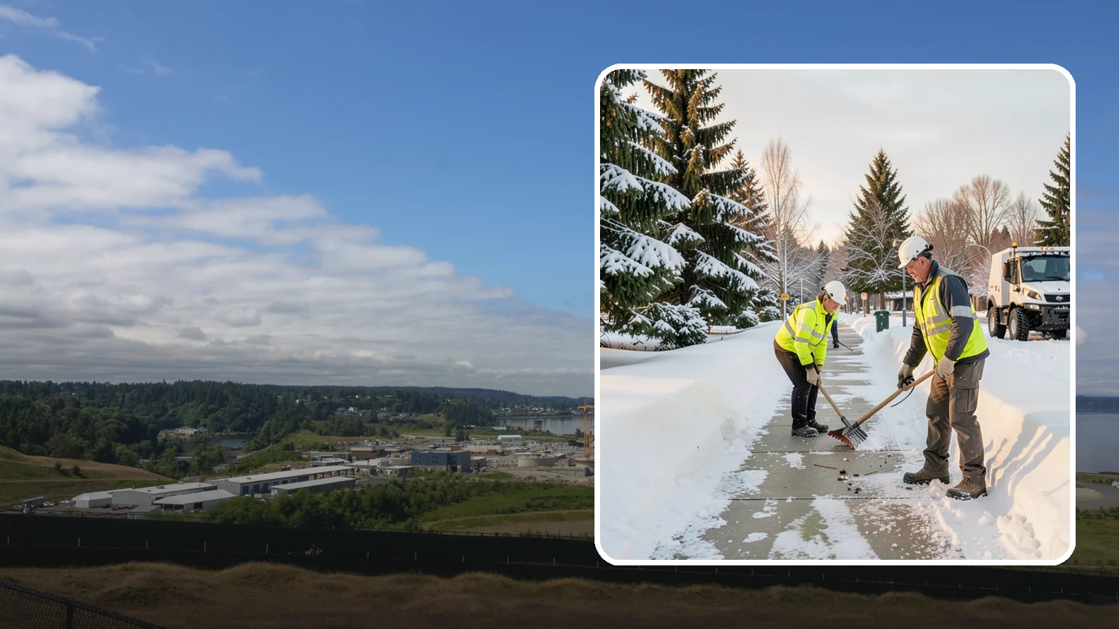 Bank Sidewalk Clearing in University Place, Pierce County, WA - Branch-entrance sidewalk clearing for Western Washington banks, keeping lobby approaches and ATM vestibule walks safe for...