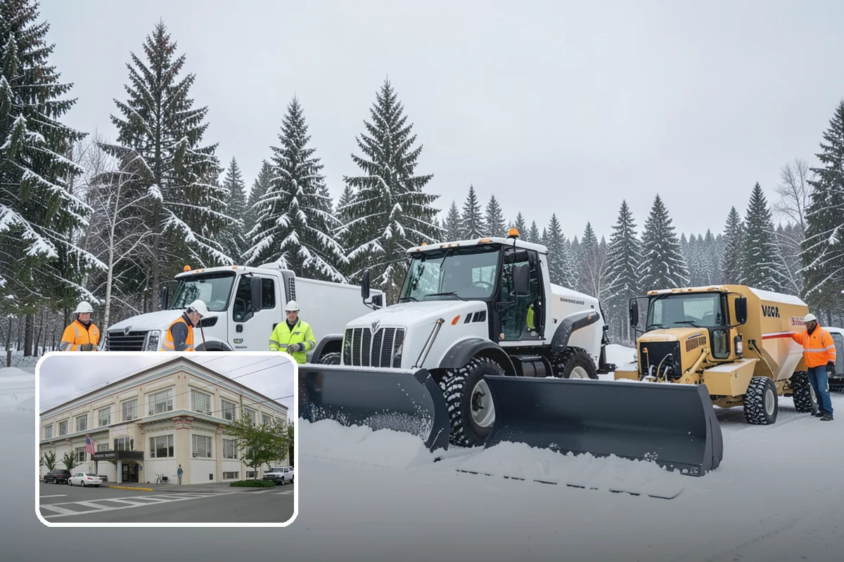 Bank Snow Plowing in Anacortes, Skagit County, WA - Customer lot and drive-through lanes cleared before open