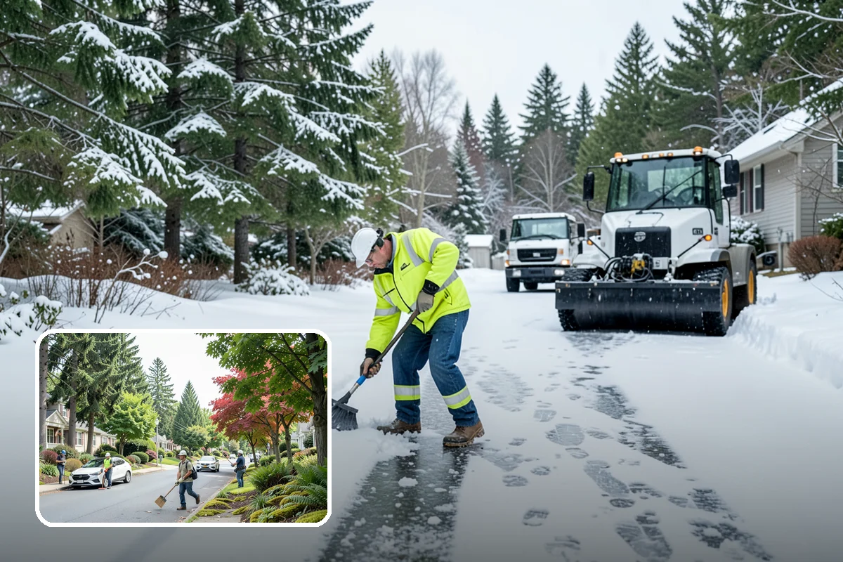 Bank Snow Plowing in Beaux Arts Village, King County, WA - Customer lot and drive-through lanes cleared before open