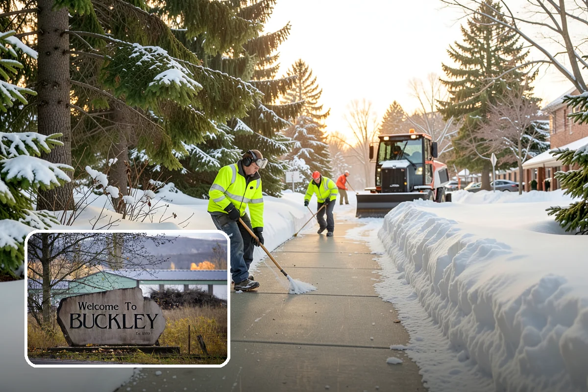 Bank Snow Plowing in Buckley, Pierce County, WA - Customer lot and drive-through lanes cleared before open