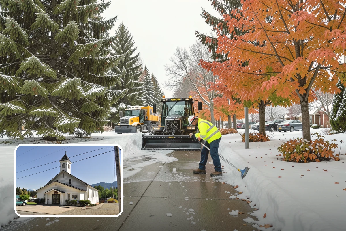 Bank Snow Plowing in Concrete, Skagit County, WA - Customer lot and drive-through lanes cleared before open