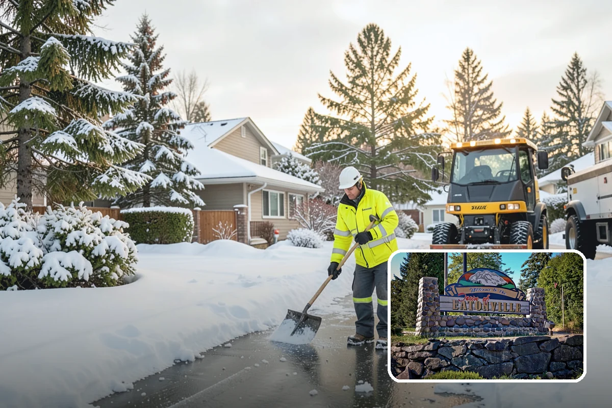 Bank Snow Plowing in Eatonville, Pierce County, WA - Customer lot and drive-through lanes cleared before open