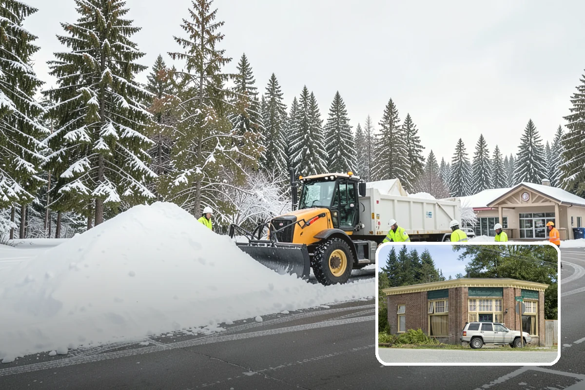 Bank Snow Plowing in Hamilton, Skagit County, WA - Customer lot and drive-through lanes cleared before open