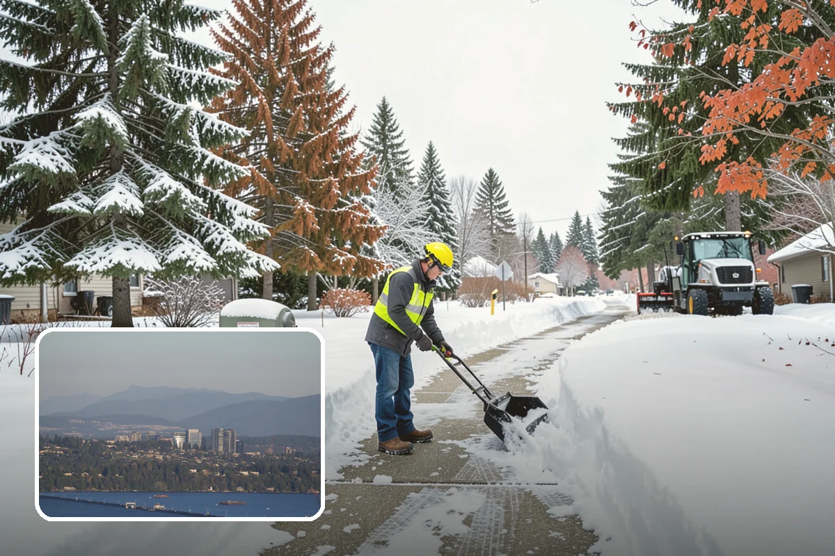 Bank Snow Plowing in Medina, King County, WA - Customer lot and drive-through lanes cleared before open