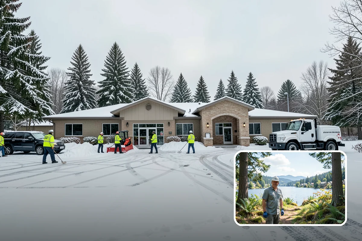 Bank Snow Plowing in Milton, King County, WA - Customer lot and drive-through lanes cleared before open