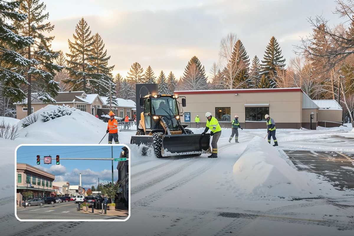 Bank Snow Plowing in Monroe, Snohomish County, WA - Customer lot and drive-through lanes cleared before open