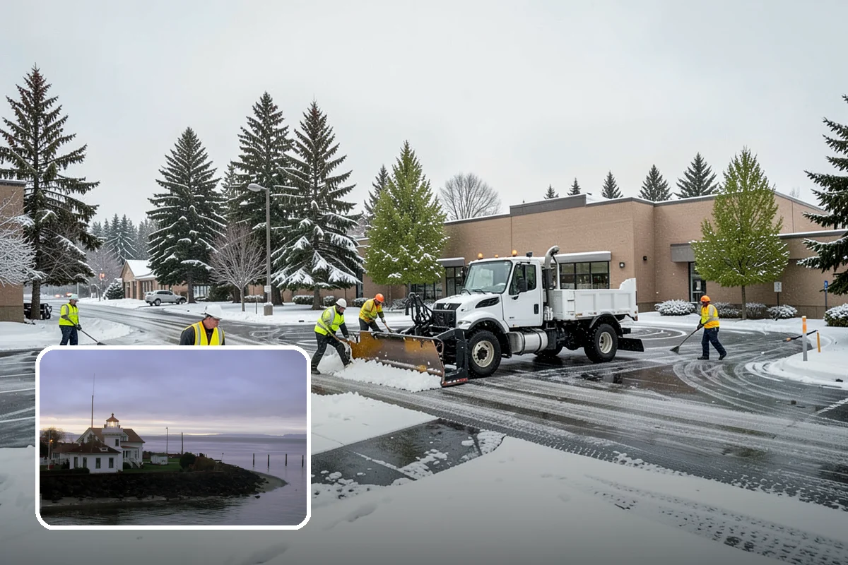 Bank Snow Plowing in Mukilteo, Snohomish County, WA - Customer lot and drive-through lanes cleared before open