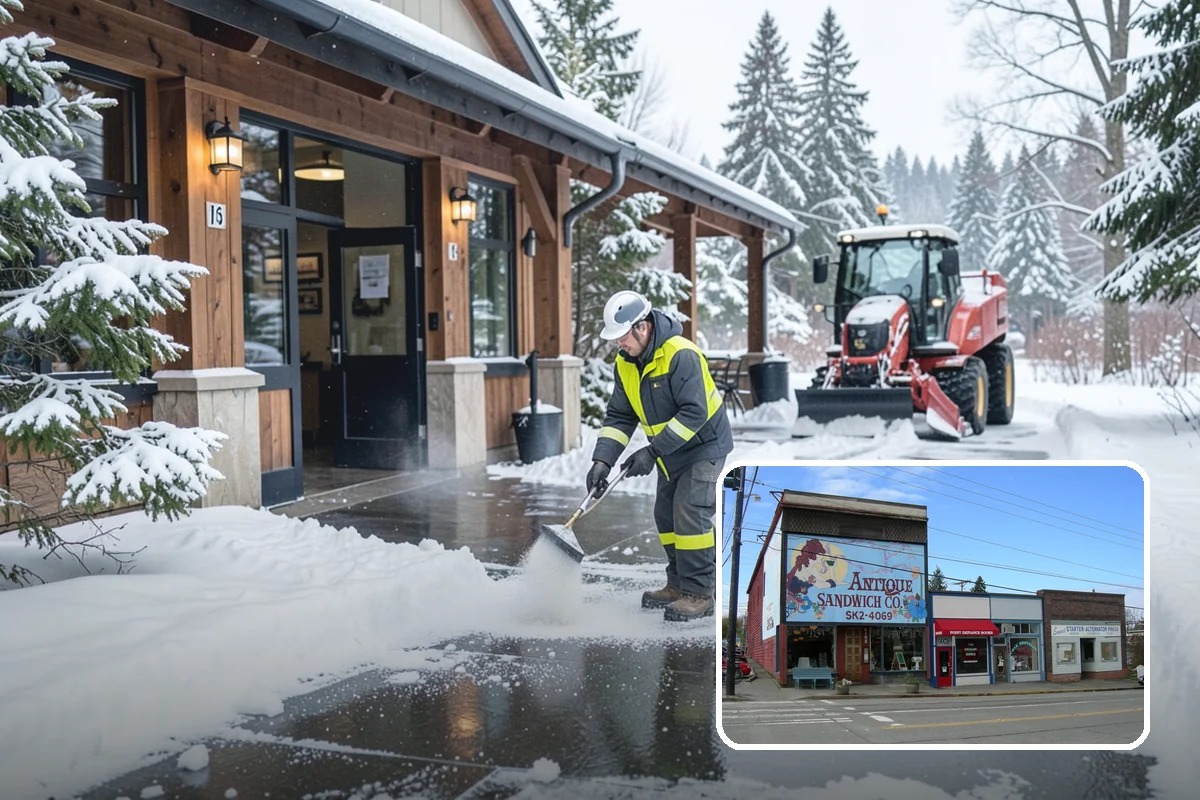 Bank Snow Plowing in Ruston, Pierce County, WA - Customer lot and drive-through lanes cleared before open