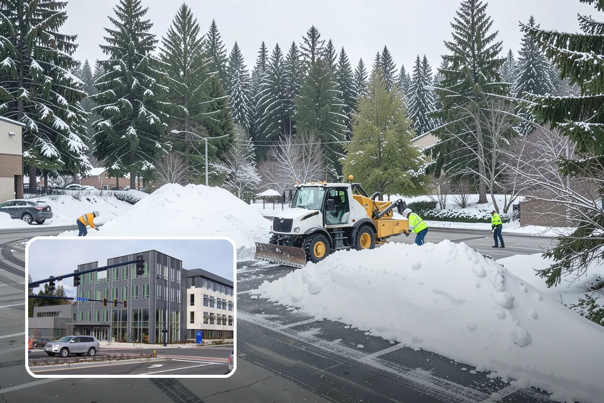 Bank Snow Plowing in Shoreline, King County, WA - Customer lot and drive-through lanes cleared before open