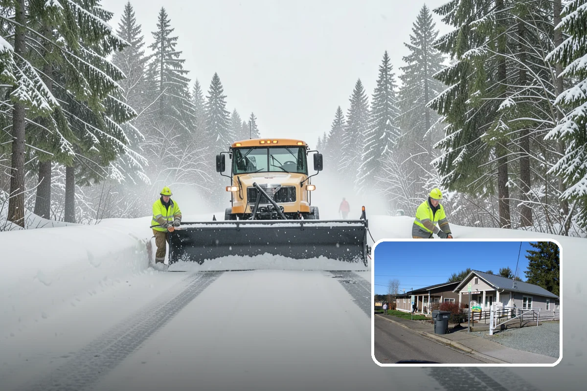 Bank Snow Plowing in South Prairie, Pierce County, WA - Customer lot and drive-through lanes cleared before open