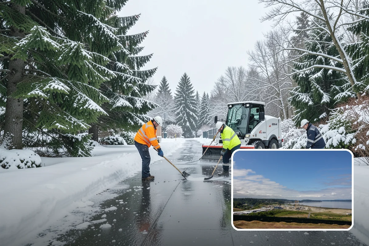 Bank Snow Plowing in University Place, Pierce County, WA - Customer lot and drive-through lanes cleared before open