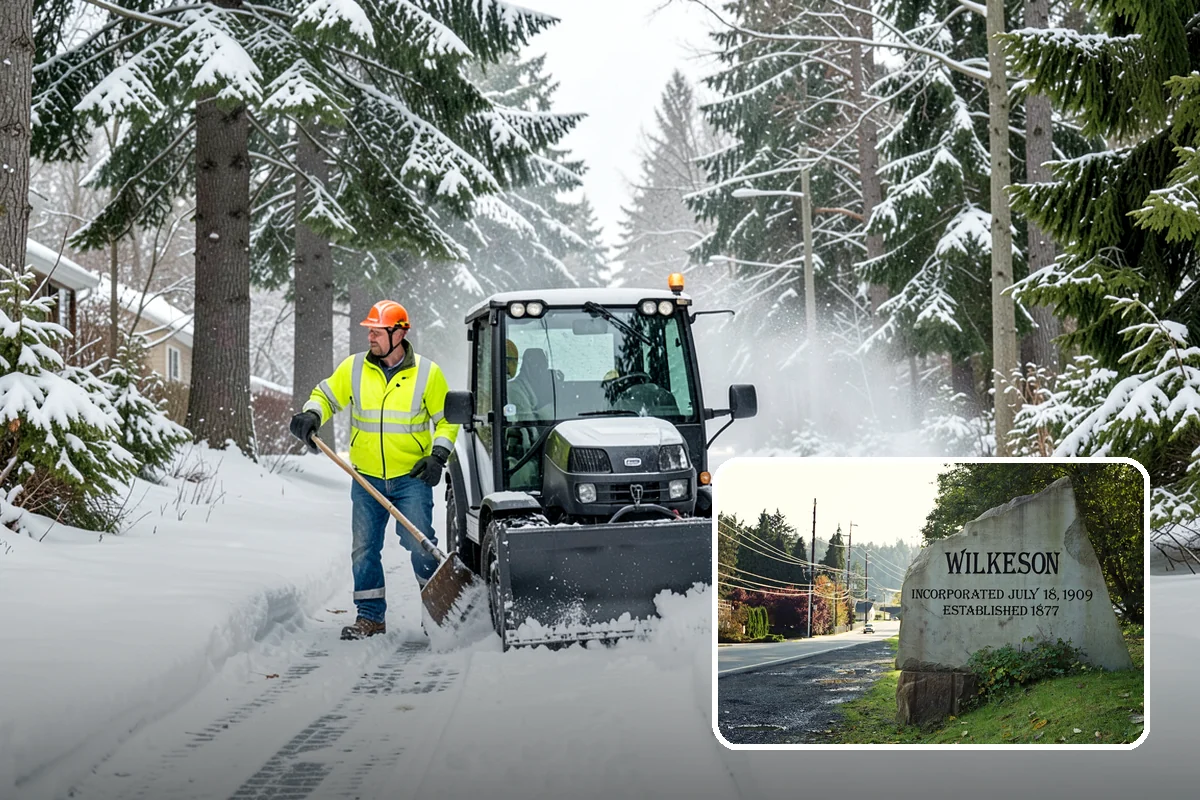 Bank Snow Plowing in Wilkeson, Pierce County, WA - Customer lot and drive-through lanes cleared before open