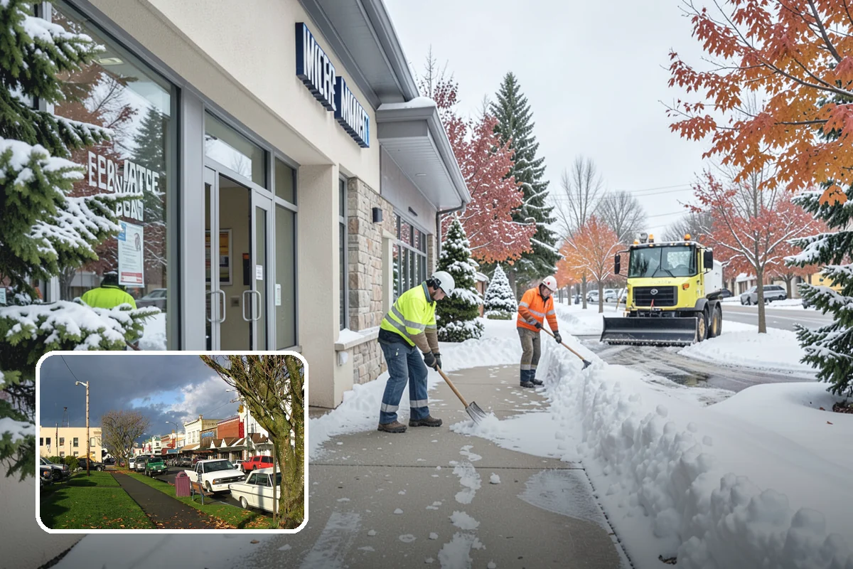Big Box Store Snow Removal in Arlington, Snohomish County, WA - Wide travel lanes and cart corrals cleared before opening