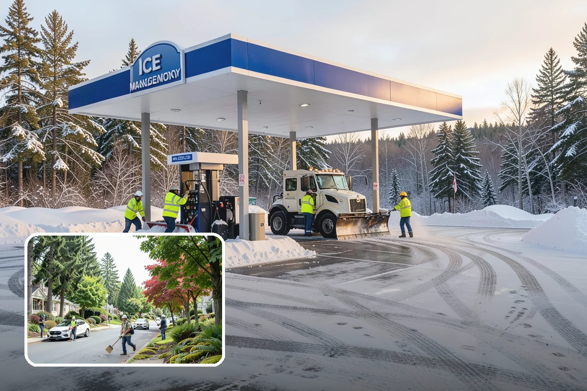 Big Box Store Snow Removal in Beaux Arts Village, King County, WA - Wide travel lanes and cart corrals cleared before opening