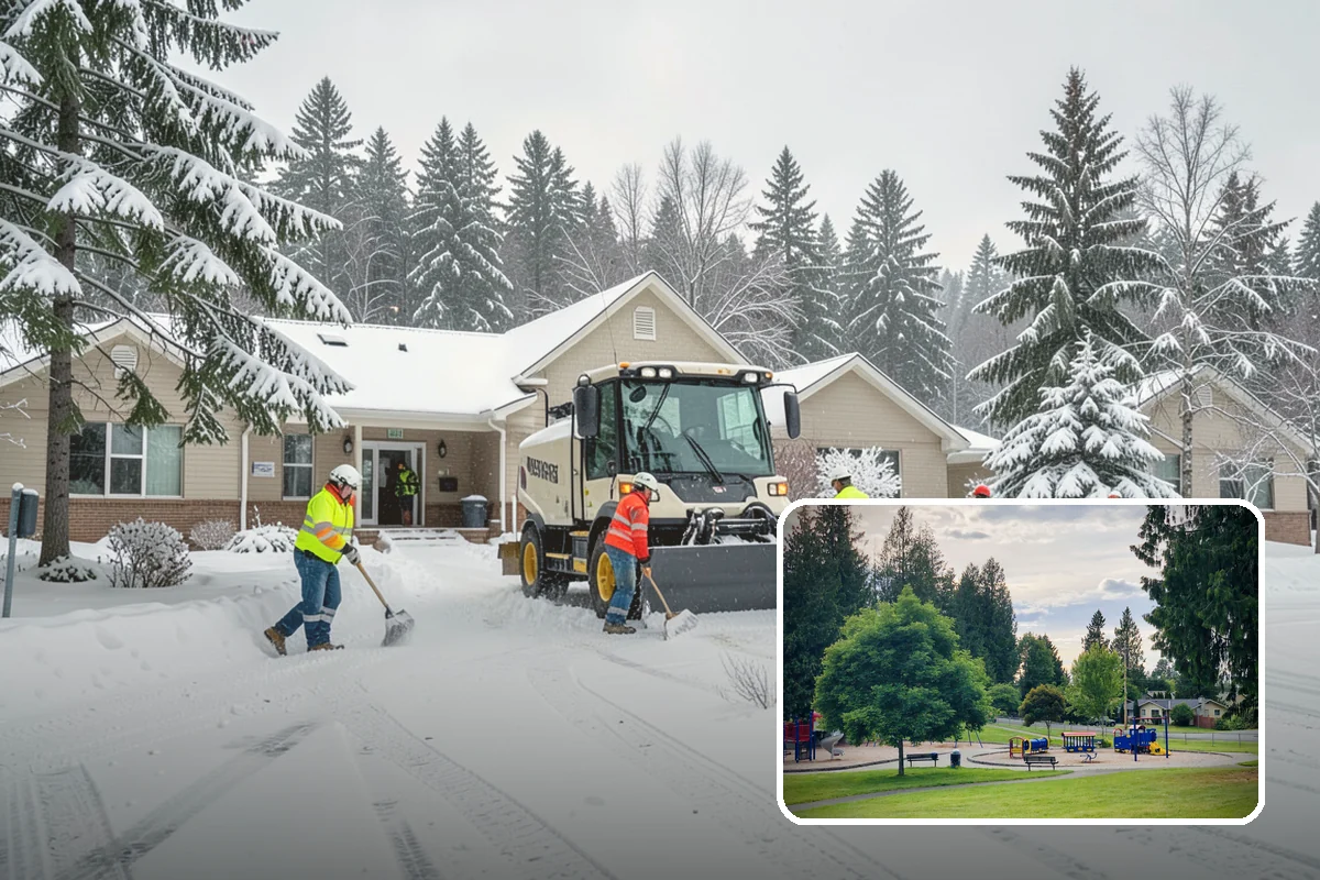 Big Box Store Snow Removal in Bonney Lake, Pierce County, WA - Wide travel lanes and cart corrals cleared before opening