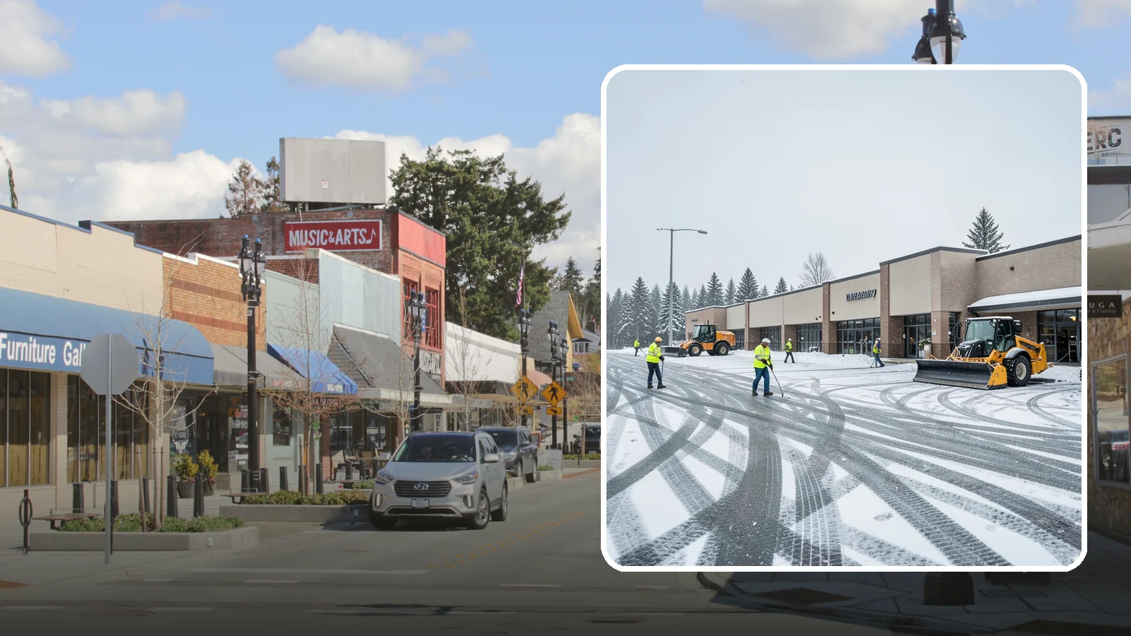 Big Box Store Snow Removal in Bothell, King County, WA - When wet Cascade snow blankets a big box parking lot overnight, a plowed and salted approach is what keeps Western Washington...