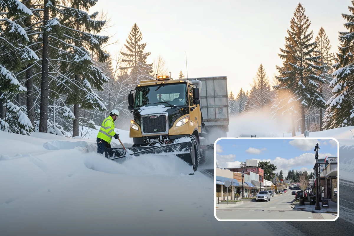 Big Box Store Snow Removal in Bothell, King County, WA - Wide travel lanes and cart corrals cleared before opening
