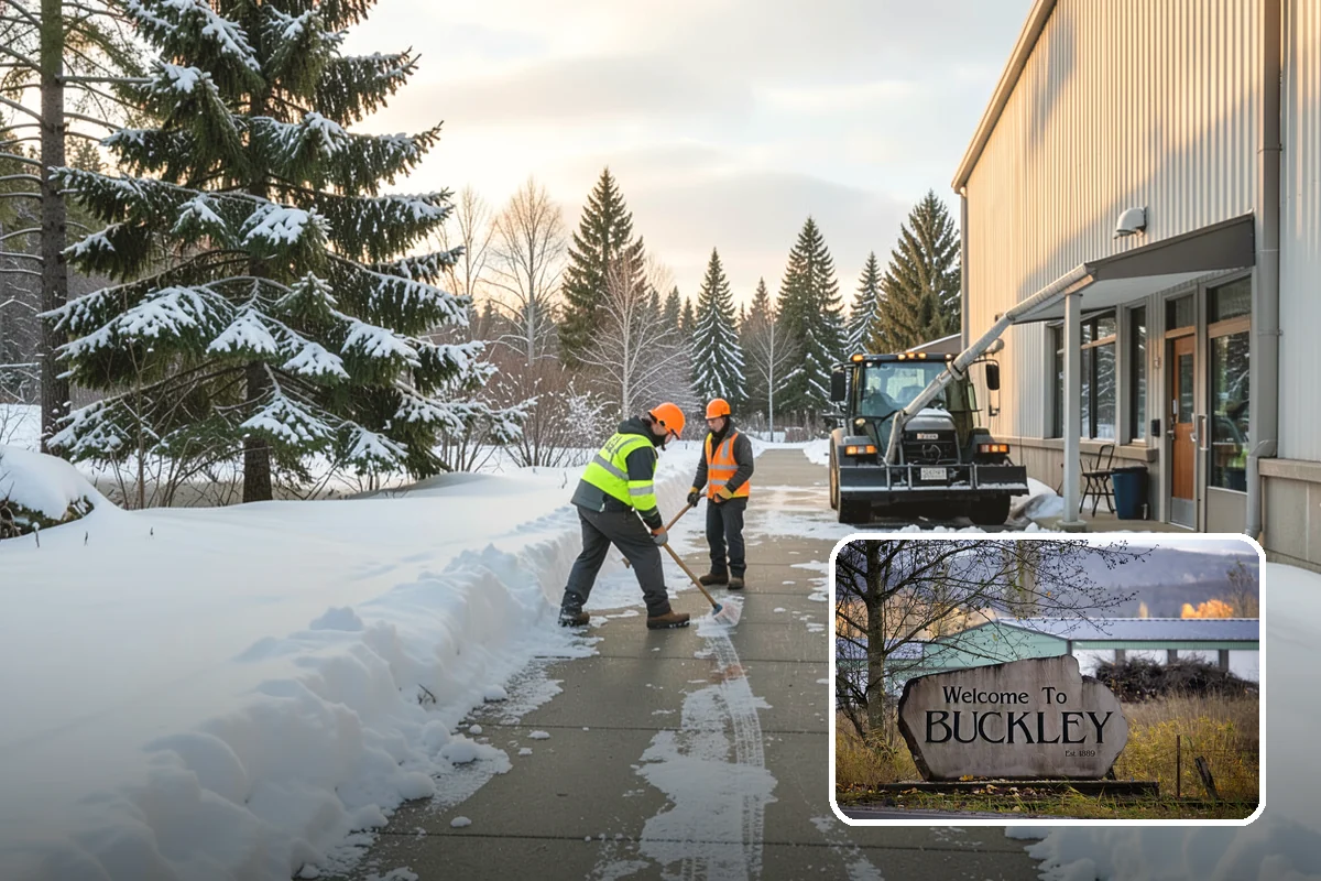 Big Box Store Snow Removal in Buckley, Pierce County, WA - Wide travel lanes and cart corrals cleared before opening
