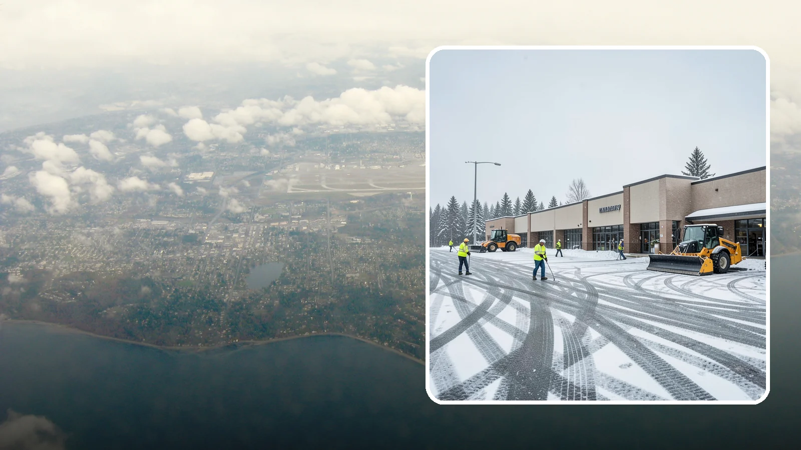 Big Box Store Snow Removal in Burien, King County, WA - When wet Cascade snow blankets a big box parking lot overnight, a plowed and salted approach is what keeps Western Washington...