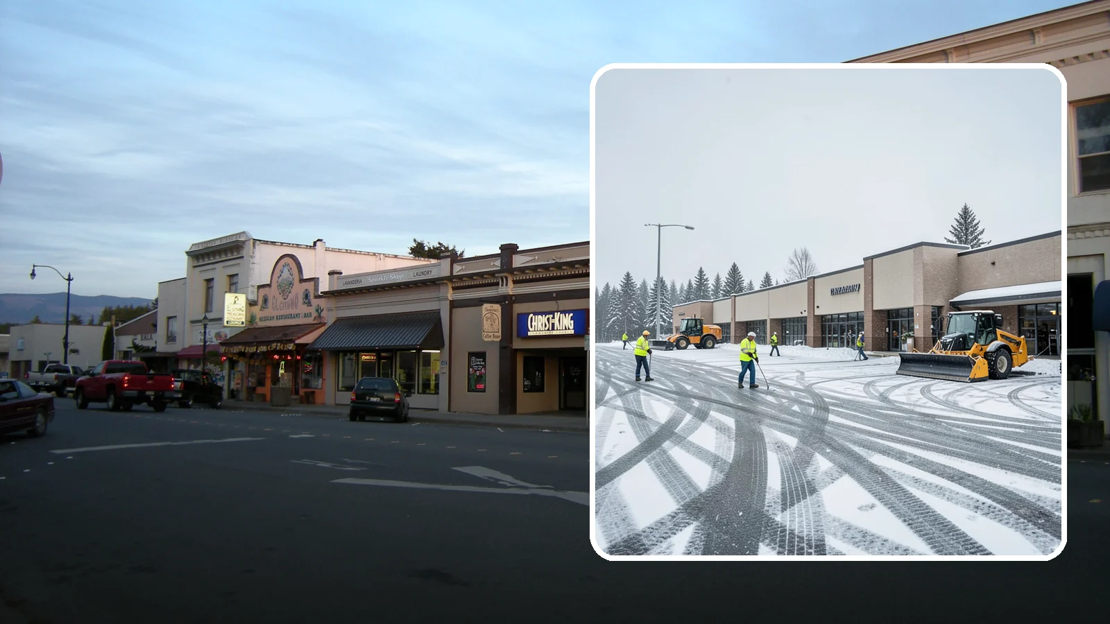 Big Box Store Snow Removal in Burlington, Skagit County, WA - When wet Cascade snow blankets a big box parking lot overnight, a plowed and salted approach is what keeps Western Washington...