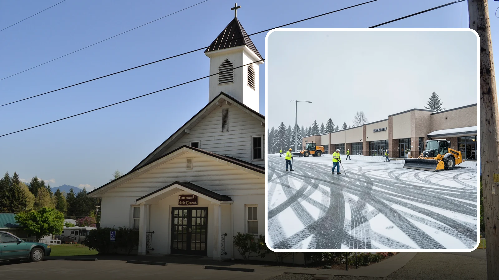 Big Box Store Snow Removal in Concrete, Skagit County, WA - When wet Cascade snow blankets a big box parking lot overnight, a plowed and salted approach is what keeps Western Washington...