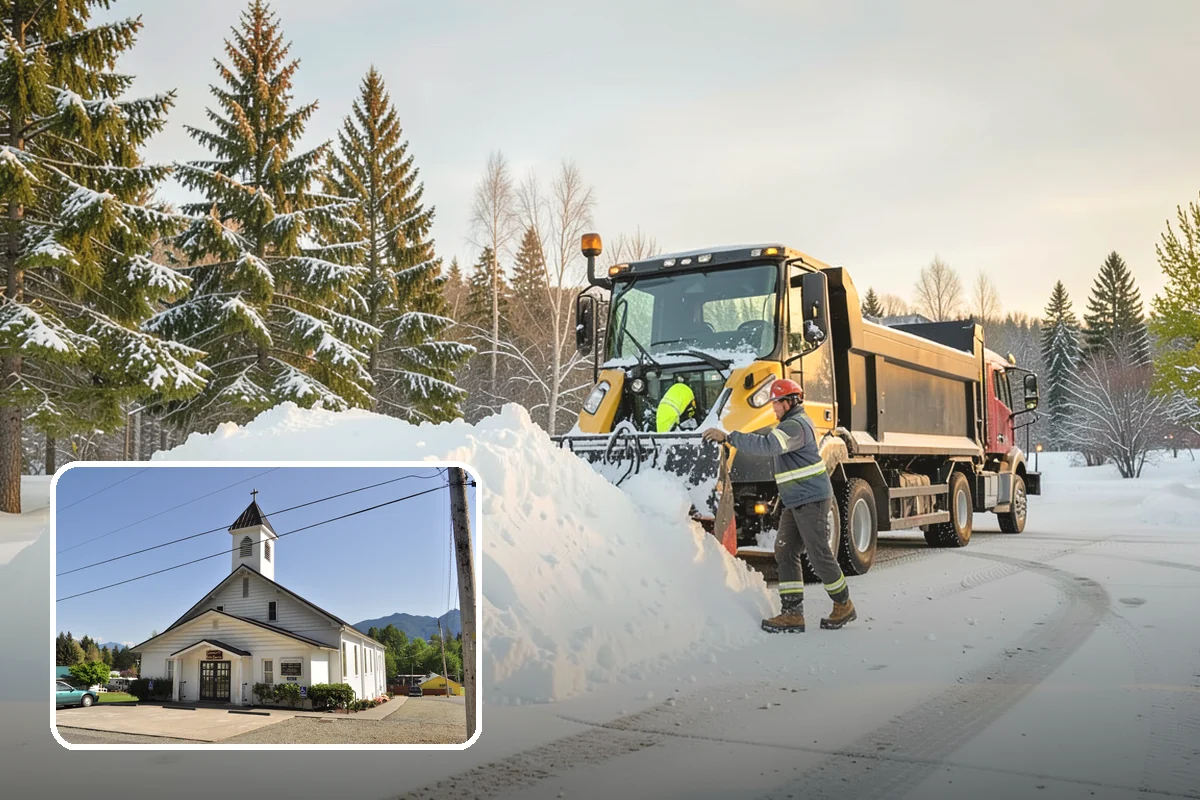 Big Box Store Snow Removal in Concrete, Skagit County, WA - Wide travel lanes and cart corrals cleared before opening