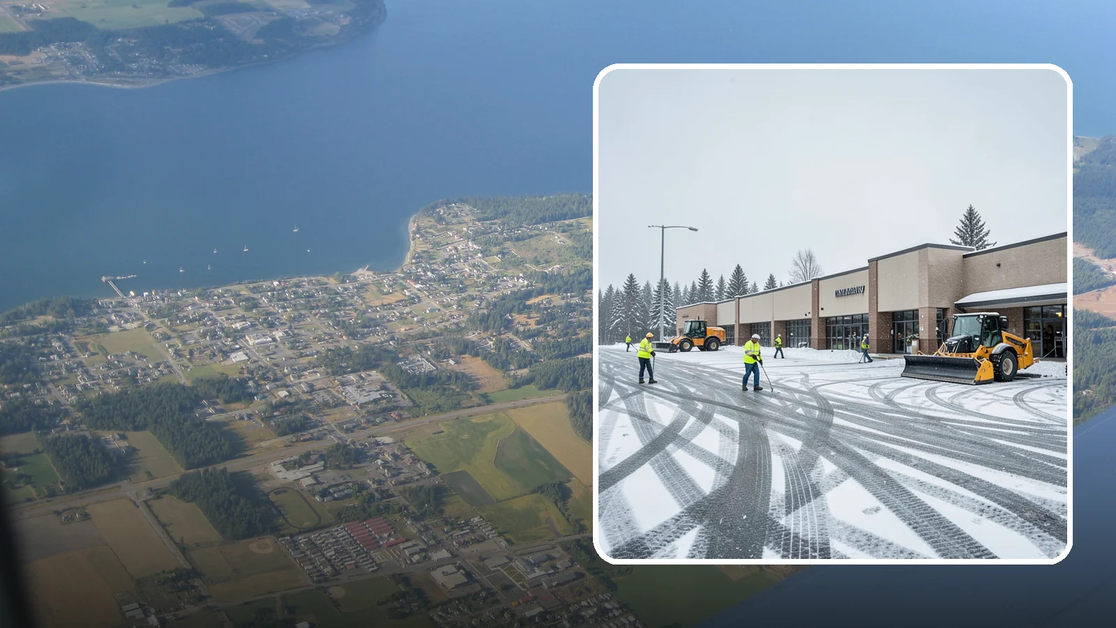 Big Box Store Snow Removal in Coupeville, Island County, WA - When wet Cascade snow blankets a big box parking lot overnight, a plowed and salted approach is what keeps Western Washington...