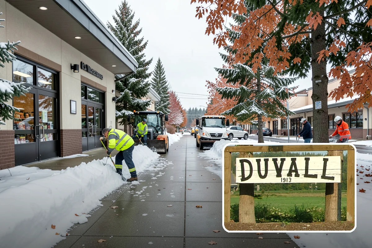 Big Box Store Snow Removal in Duvall, King County, WA - Wide travel lanes and cart corrals cleared before opening
