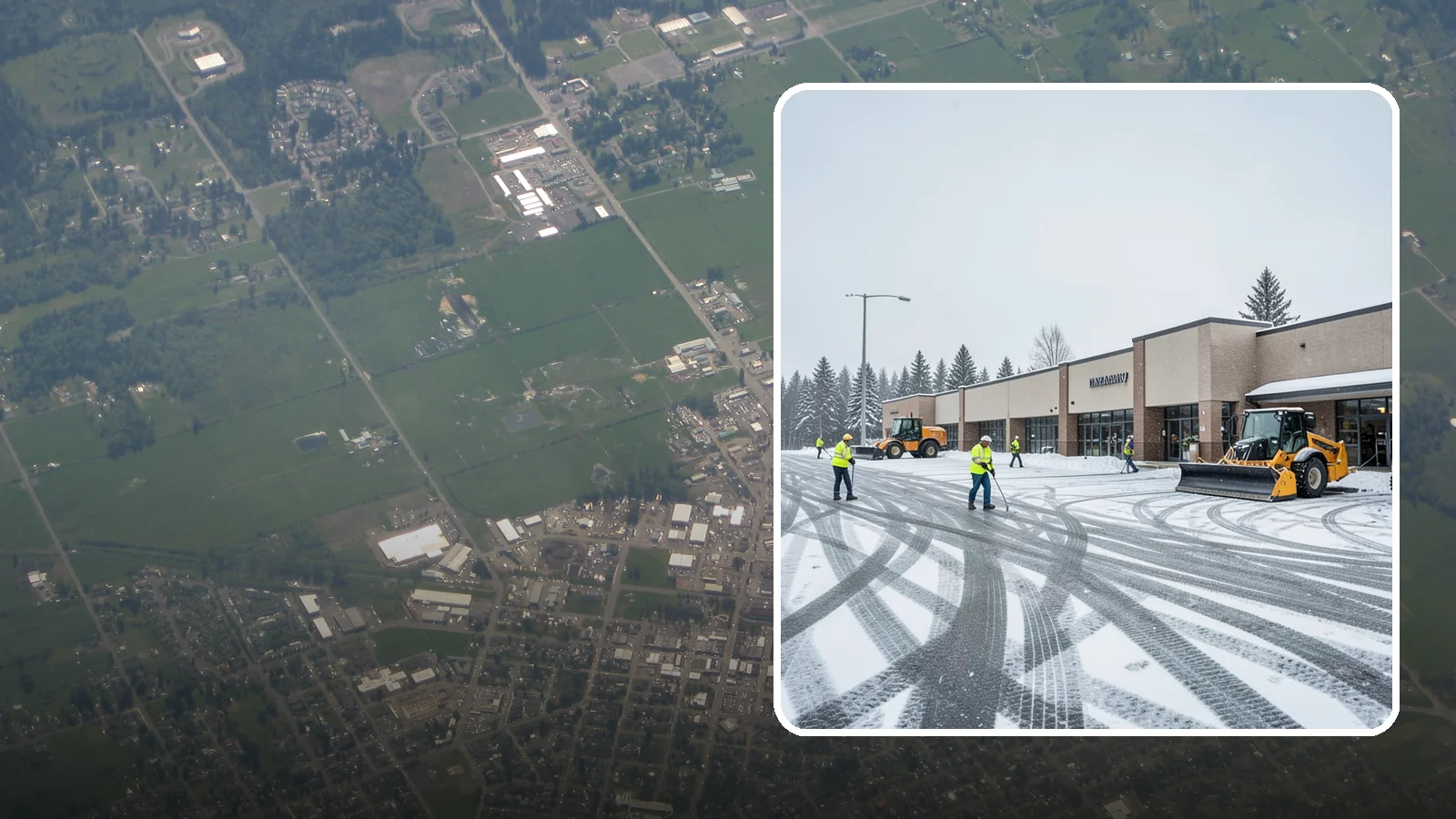 Big Box Store Snow Removal in Enumclaw, King County, WA - When wet Cascade snow blankets a big box parking lot overnight, a plowed and salted approach is what keeps Western Washington...