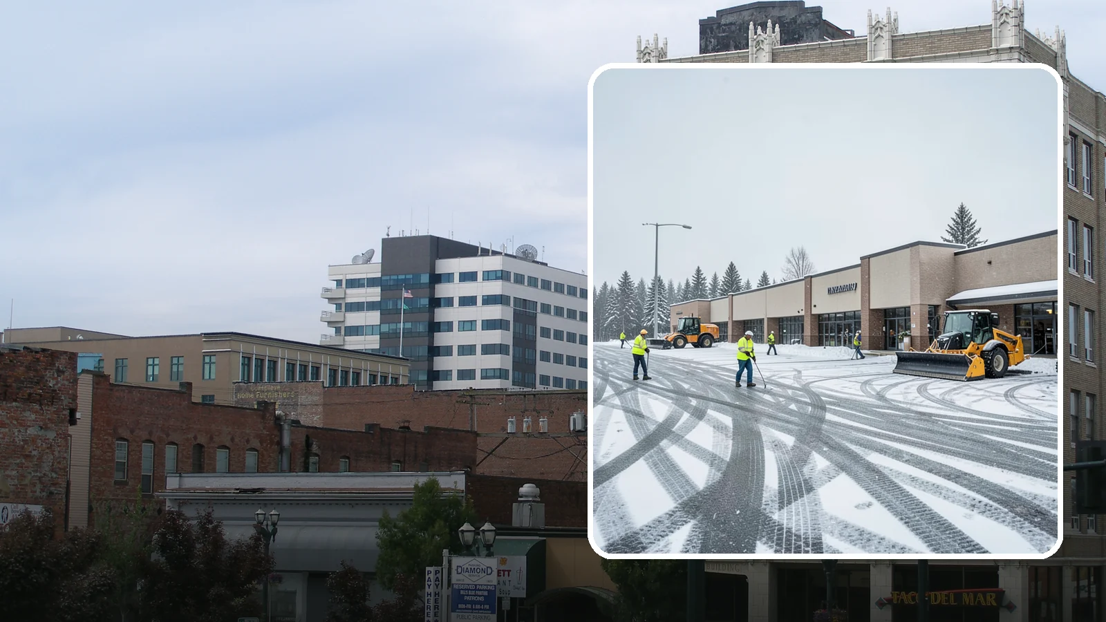 Big Box Store Snow Removal in Everett, Snohomish County, WA - When wet Cascade snow blankets a big box parking lot overnight, a plowed and salted approach is what keeps Western Washington...