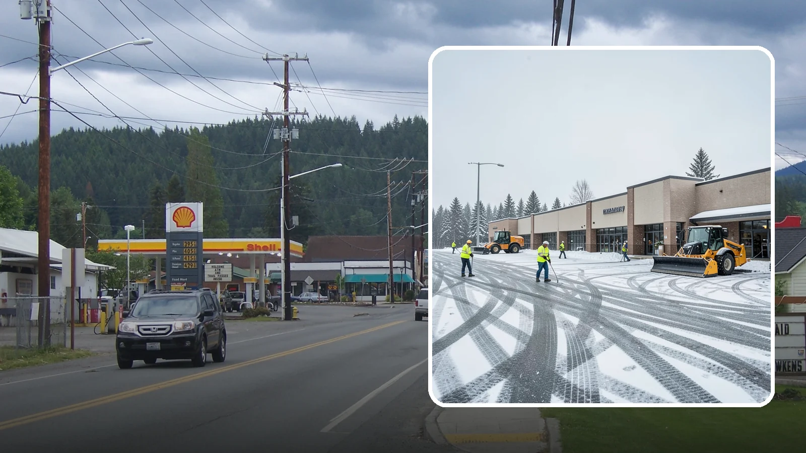 Big Box Store Snow Removal in Granite Falls, Snohomish County, WA - When wet Cascade snow blankets a big box parking lot overnight, a plowed and salted approach is what keeps Western Washington...