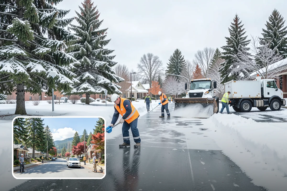 Big Box Store Snow Removal in Hunts Point, King County, WA - Wide travel lanes and cart corrals cleared before opening
