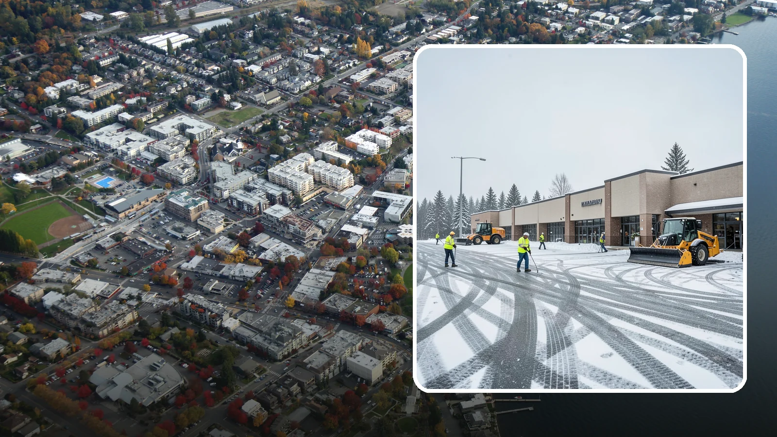 Big Box Store Snow Removal in Kirkland, King County, WA - When wet Cascade snow blankets a big box parking lot overnight, a plowed and salted approach is what keeps Western Washington...
