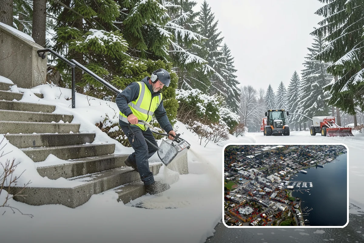 Big Box Store Snow Removal in Kirkland, King County, WA - Wide travel lanes and cart corrals cleared before opening