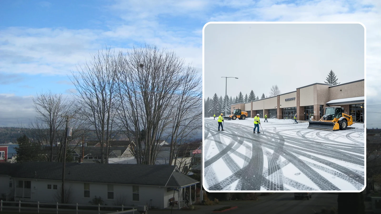 Big Box Store Snow Removal in Langley, Island County, WA - When wet Cascade snow blankets a big box parking lot overnight, a plowed and salted approach is what keeps Western Washington...