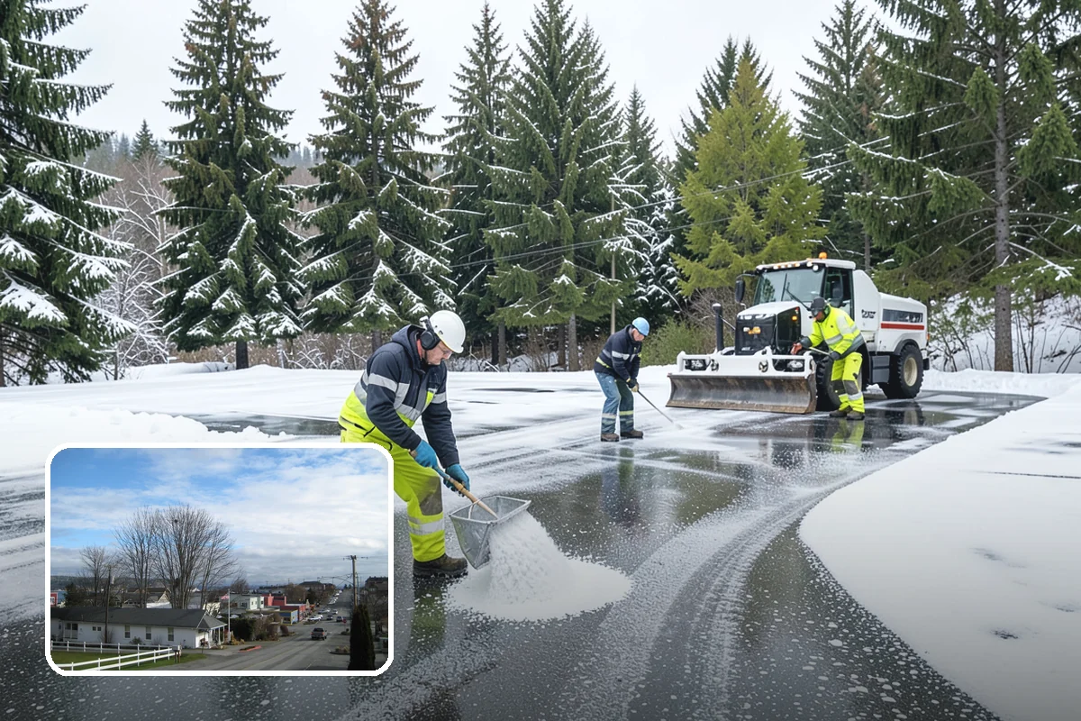 Big Box Store Snow Removal in Langley, Island County, WA - Wide travel lanes and cart corrals cleared before opening