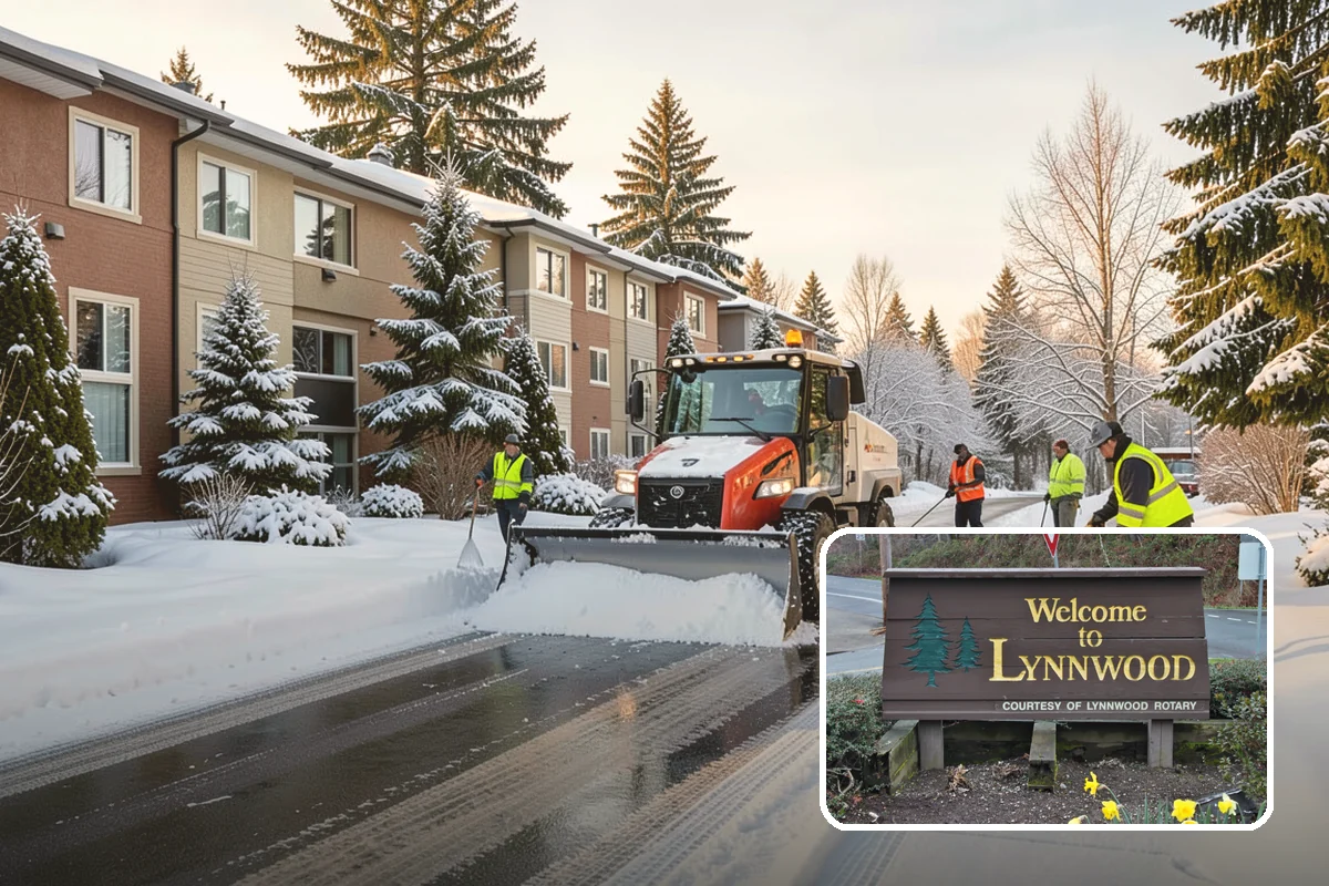 Big Box Store Snow Removal in Lynnwood, Snohomish County, WA - Wide travel lanes and cart corrals cleared before opening